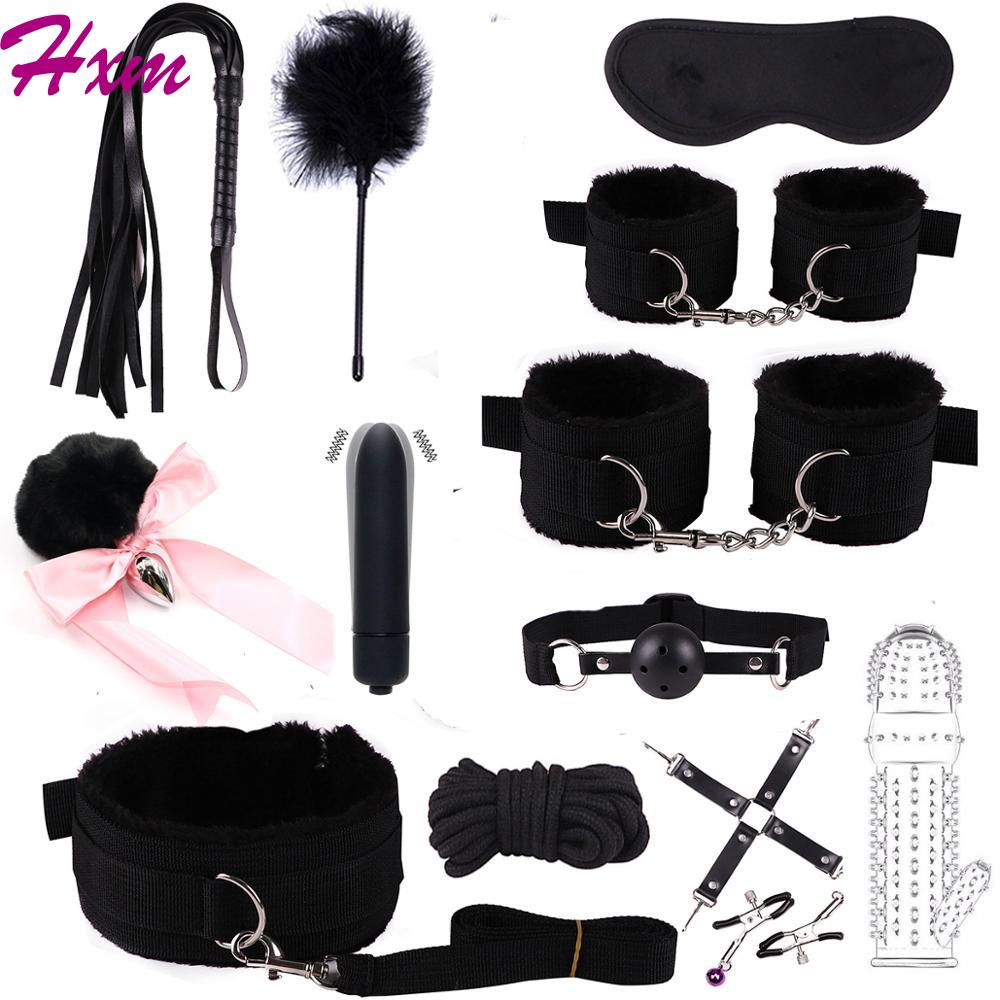 BDSM Kits Adults Sex Toys For Women Men Handcuffs Nipple Clamps Whip Spanking Sex Metal Anal Plug Vibrator Butt Bdsm Bondage Set| |