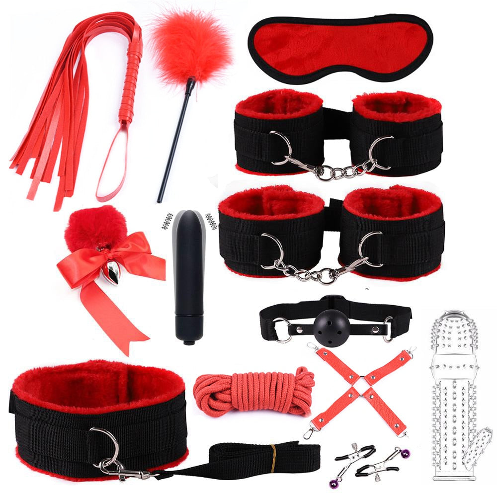 BDSM Kits Adults Sex Toys For Women Men Handcuffs Nipple Clamps Whip Spanking Sex Metal Anal Plug Vibrator Butt Bdsm Bondage Set| |