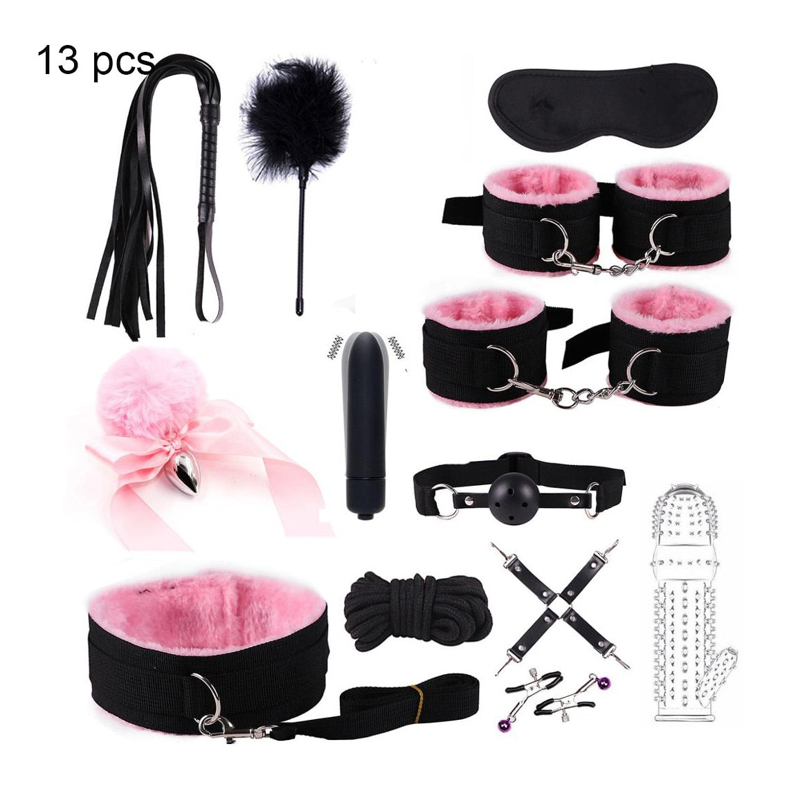 BDSM Kits Adults Sex Toys For Women Men Handcuffs Nipple Clamps Whip Spanking Sex Metal Anal Plug Vibrator Butt Bdsm Bondage Set| |