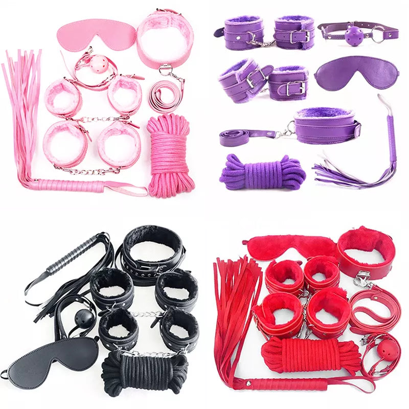 BDSM Kits Plush Sex Bondage Toys Leather Restraint Set Handcuffs Gag Collar Mask for Couples Adult Bondage Games Tools| |