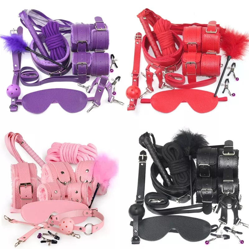 BDSM Kits Plush Sex Bondage Toys Leather Restraint Set Handcuffs Gag Collar Mask for Couples Adult Bondage Games Tools| |