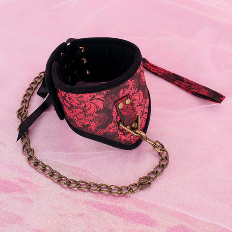 Chinoiserie Erotic Women Bdsm Bondage Set Handcuffs Eye wear Collar Mouth Gag Ball Hand Paddle