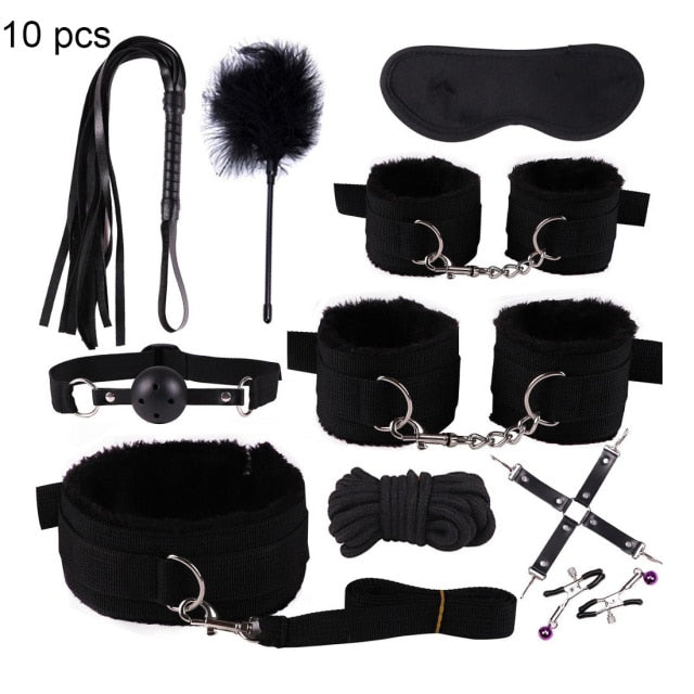 BDSM Kits Adults Sex Toys For Women Men Handcuffs Nipple Clamps Whip Spanking Sex Metal Anal Plug Vibrator Butt Bdsm Bondage Set| |