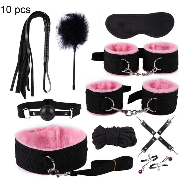 BDSM Kits Adults Sex Toys For Women Men Handcuffs Nipple Clamps Whip Spanking Sex Metal Anal Plug Vibrator Butt Bdsm Bondage Set| |