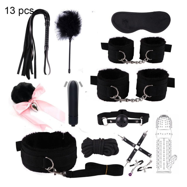 BDSM Kits Adults Sex Toys For Women Men Handcuffs Nipple Clamps Whip Spanking Sex Metal Anal Plug Vibrator Butt Bdsm Bondage Set| |