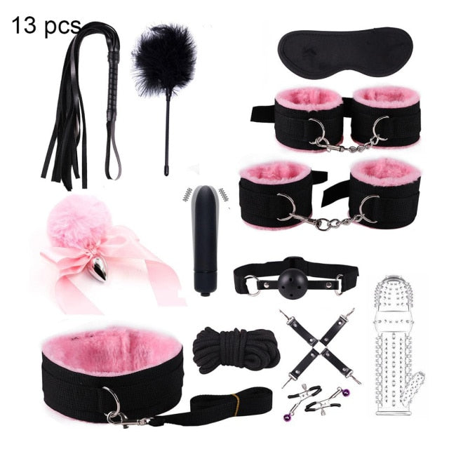 BDSM Kits Adults Sex Toys For Women Men Handcuffs Nipple Clamps Whip Spanking Sex Metal Anal Plug Vibrator Butt Bdsm Bondage Set| |