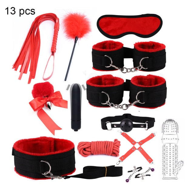 BDSM Kits Adults Sex Toys For Women Men Handcuffs Nipple Clamps Whip Spanking Sex Metal Anal Plug Vibrator Butt Bdsm Bondage Set| |