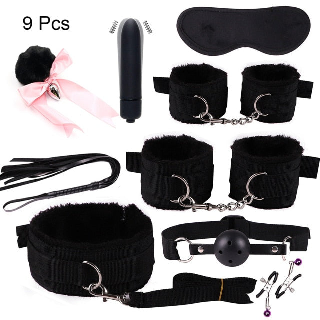 BDSM Kits Adults Sex Toys For Women Men Handcuffs Nipple Clamps Whip Spanking Sex Metal Anal Plug Vibrator Butt Bdsm Bondage Set| |