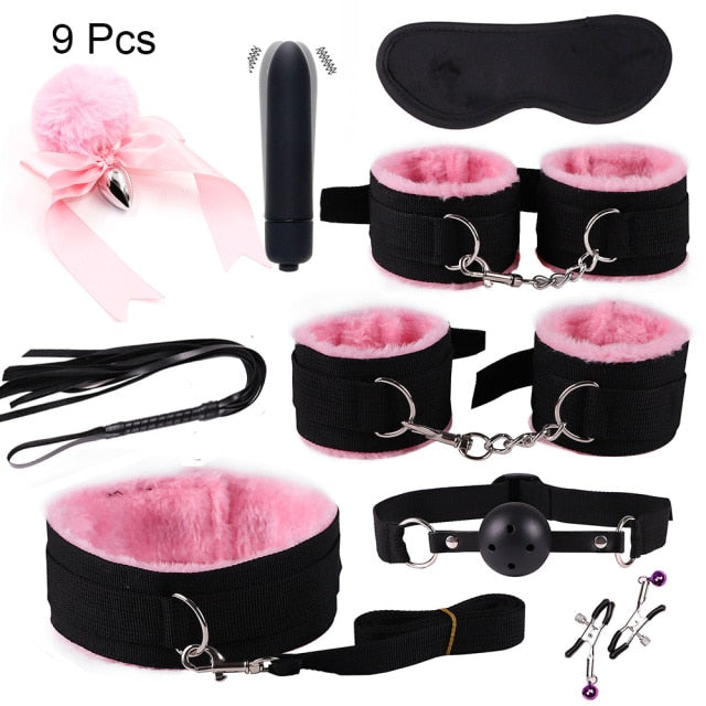 BDSM Kits Adults Sex Toys For Women Men Handcuffs Nipple Clamps Whip Spanking Sex Metal Anal Plug Vibrator Butt Bdsm Bondage Set| |