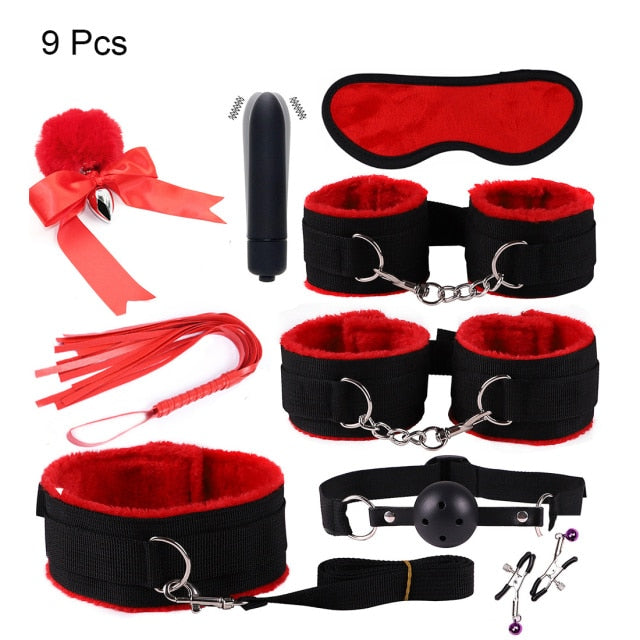 BDSM Kits Adults Sex Toys For Women Men Handcuffs Nipple Clamps Whip Spanking Sex Metal Anal Plug Vibrator Butt Bdsm Bondage Set| |